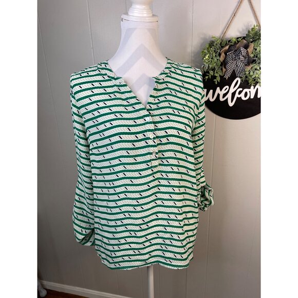 Sunday in Brooklyn MP Striped Green & White Blouse With Button Detail - Picture 1 of 6